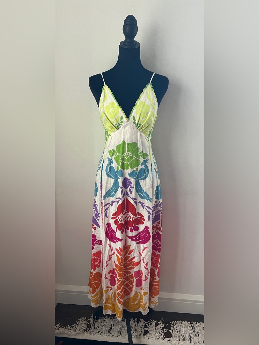 FARM Rio Linen Tropical Graphic Floral Maxi Dress With Knitting Details Sz XS